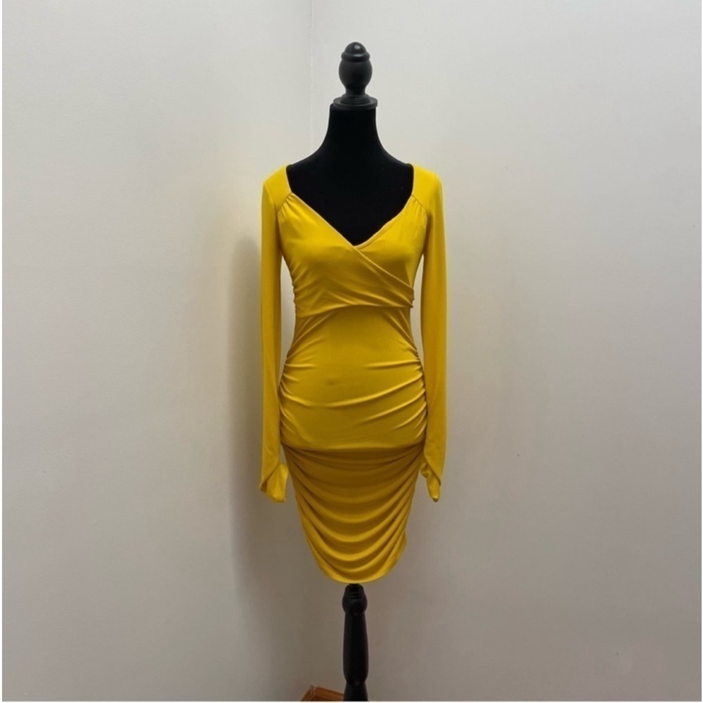 NEW! Cinq A Sept- Yellow Long Sleeve Ruched V Neck Miah Mini Dress NWOT - Picture 3 of 10